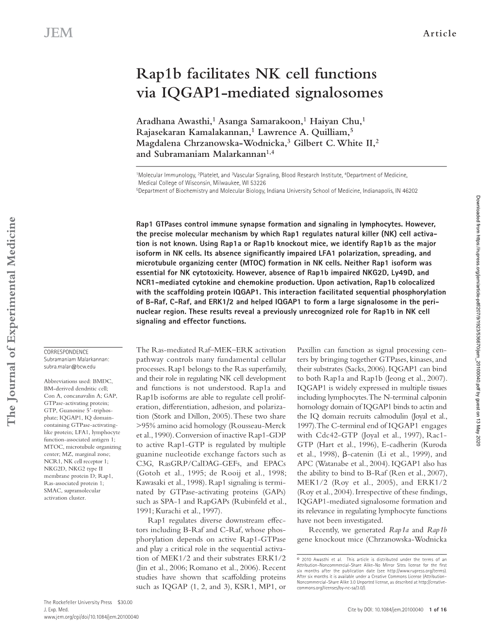 Rap1b Facilitates NK Cell Functions Via IQGAP1-Mediated Signalosomes