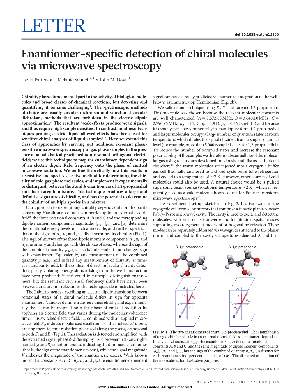 Enantiomer-Specific Detection of Chiral Molecules Via Microwave Spectroscopy