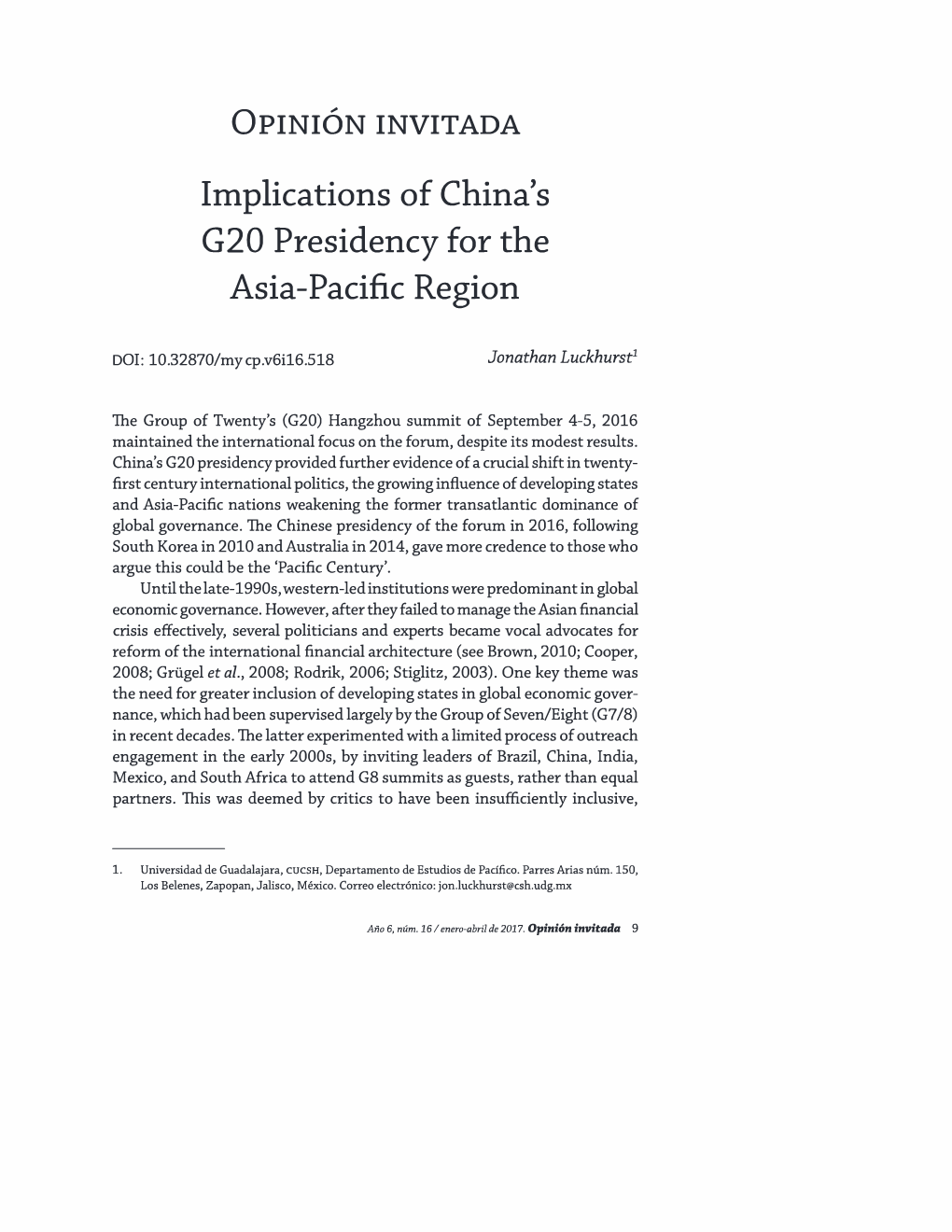 Implications of China's G20 Presidency for the Asia-Pacific Region