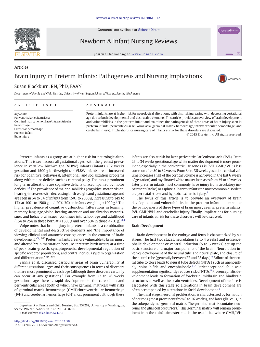 Brain Injury in Preterm Infants: Pathogenesis and Nursing Implications