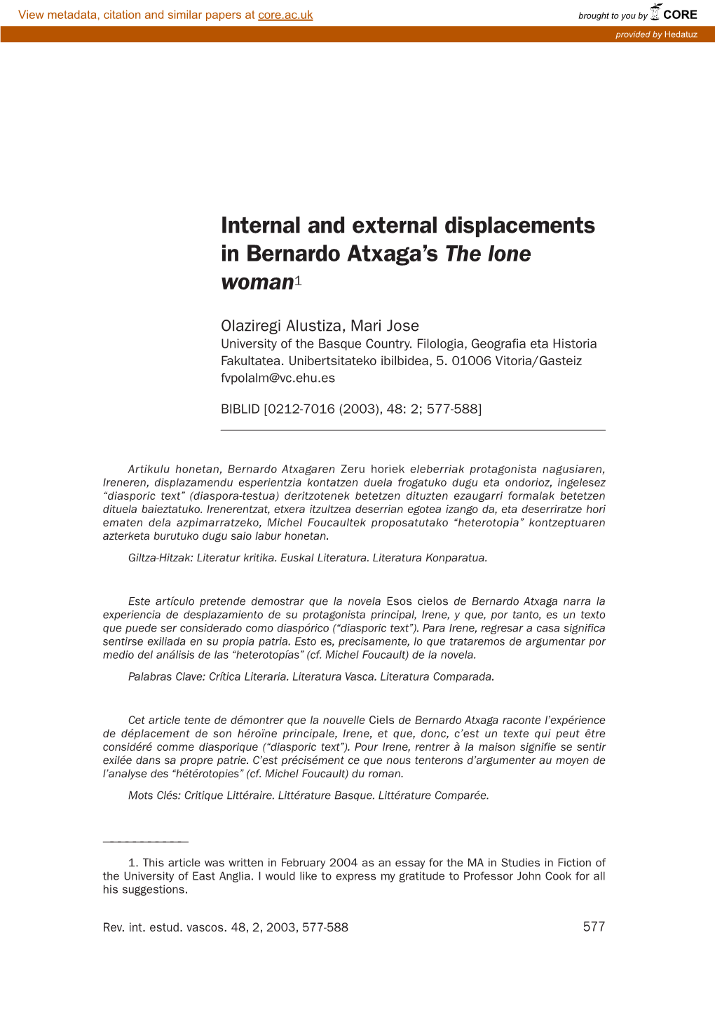 Internal and External Displacements in Bernardo Atxagaￂﾒs &lt;I