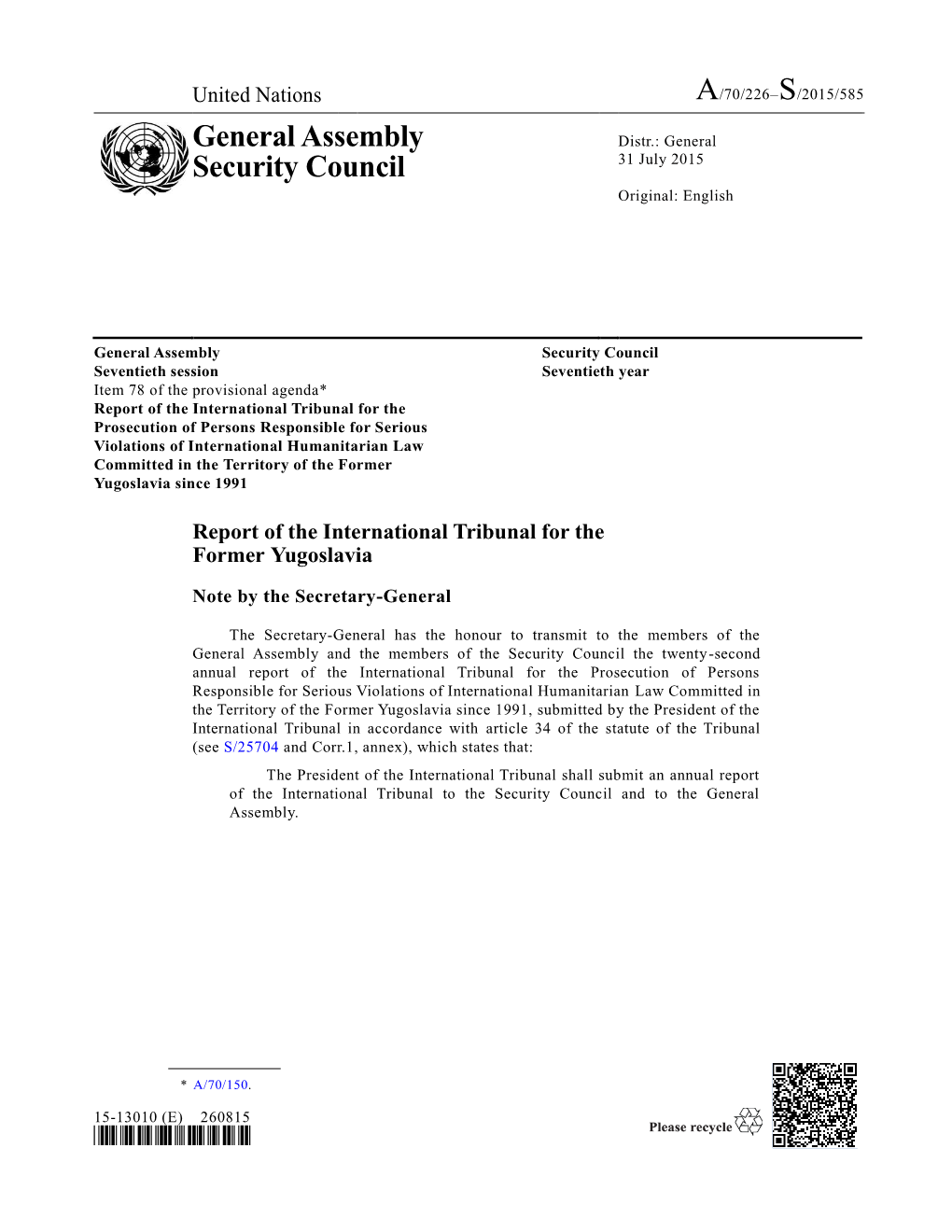 A/70/226–S/2015/585 General Assembly Security Council