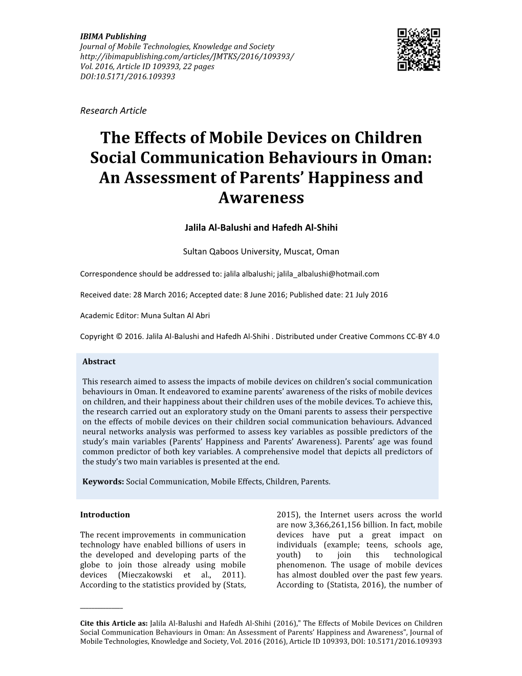 The Effects of Mobile Devices on Children Social Communication Behaviours in Oman: an Assessment of Parents’ Happiness and Awareness