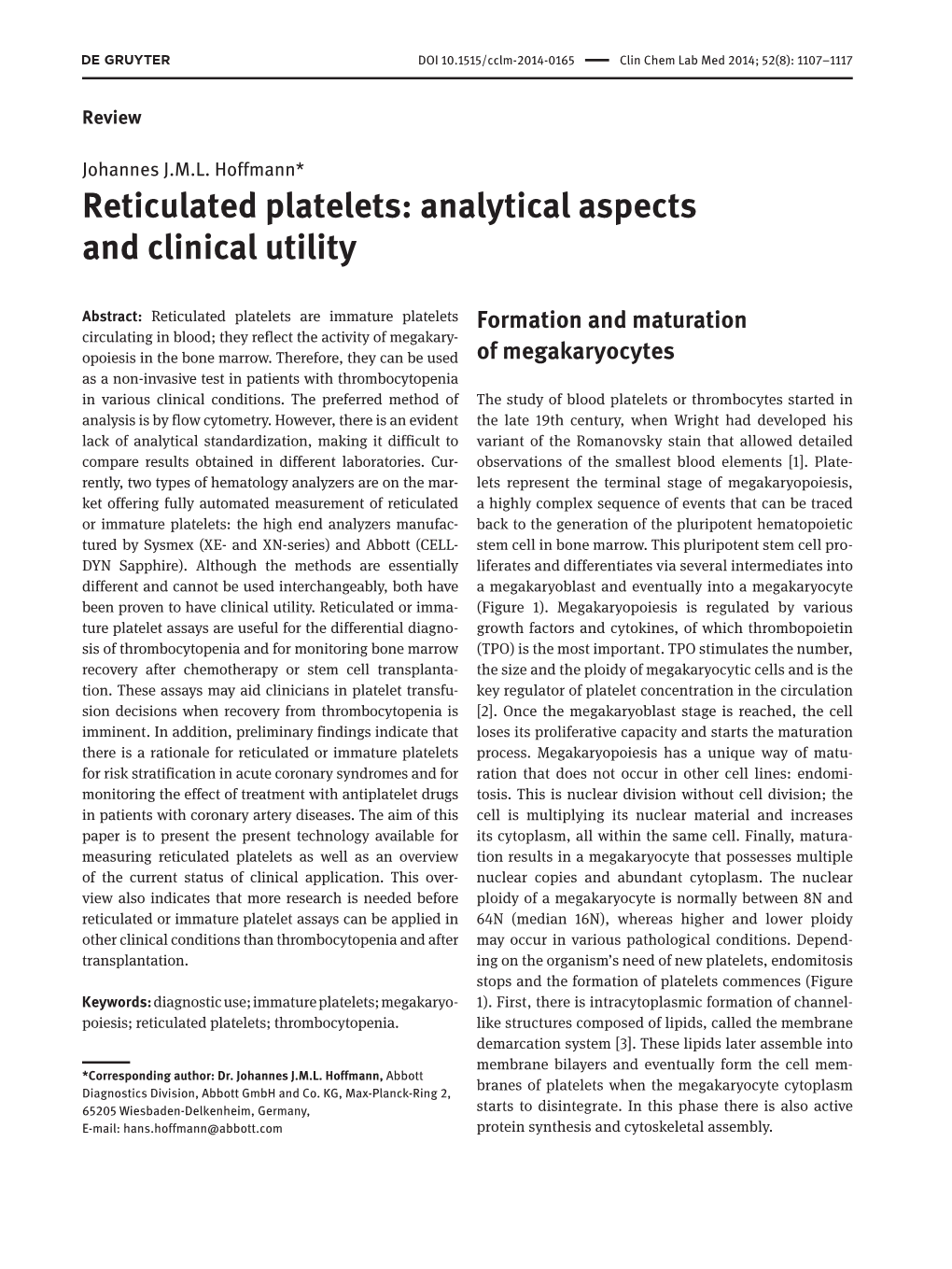 Reticulated Platelets: Analytical Aspects and Clinical Utility