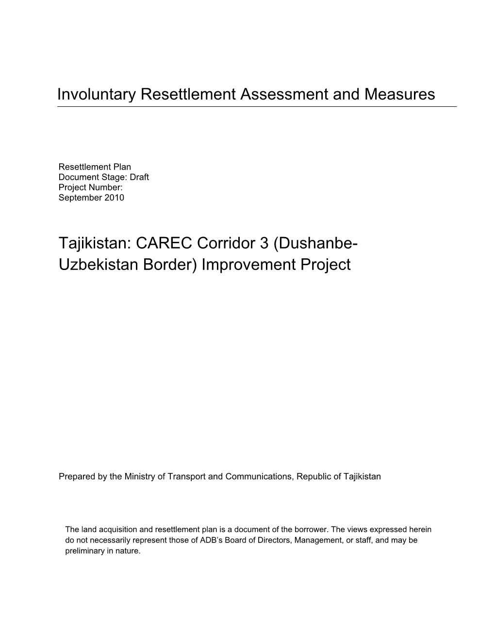 Land Acquisition and Resettlement Plan Is a Document of the Borrower