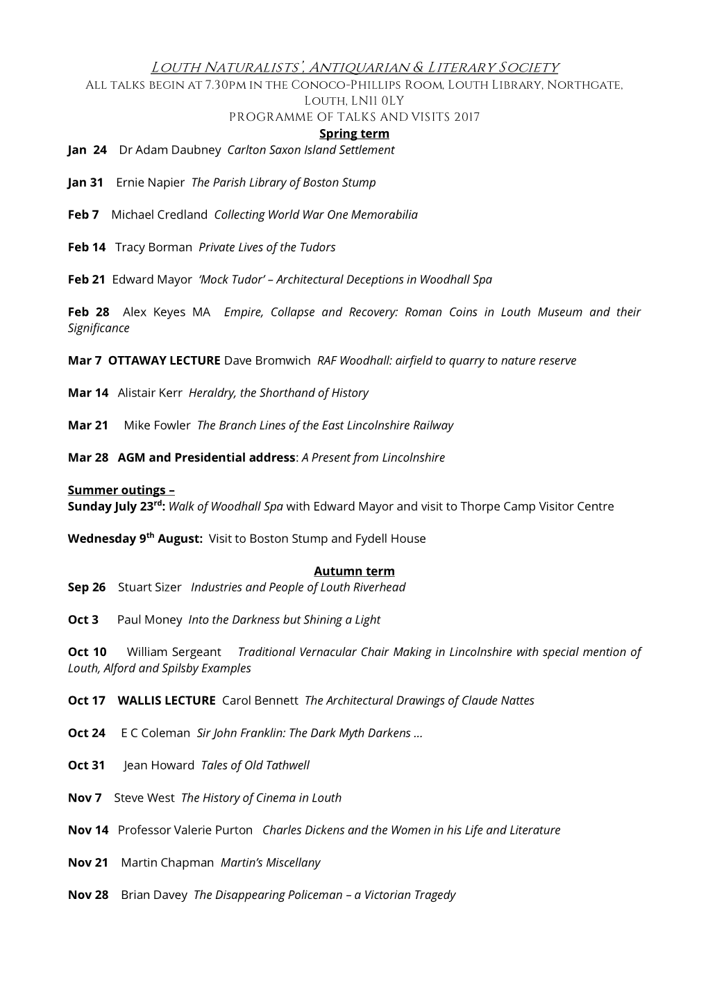 Programme of Talks and Visits 2014