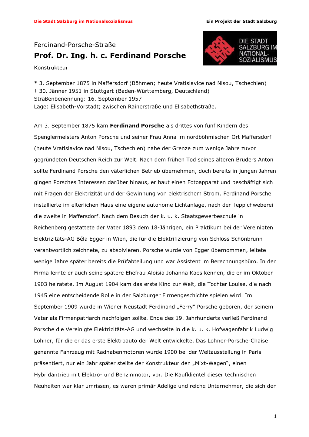 Prof. Dr. Ing. H. C. Ferdinand Porsche Pdf, 280 KB