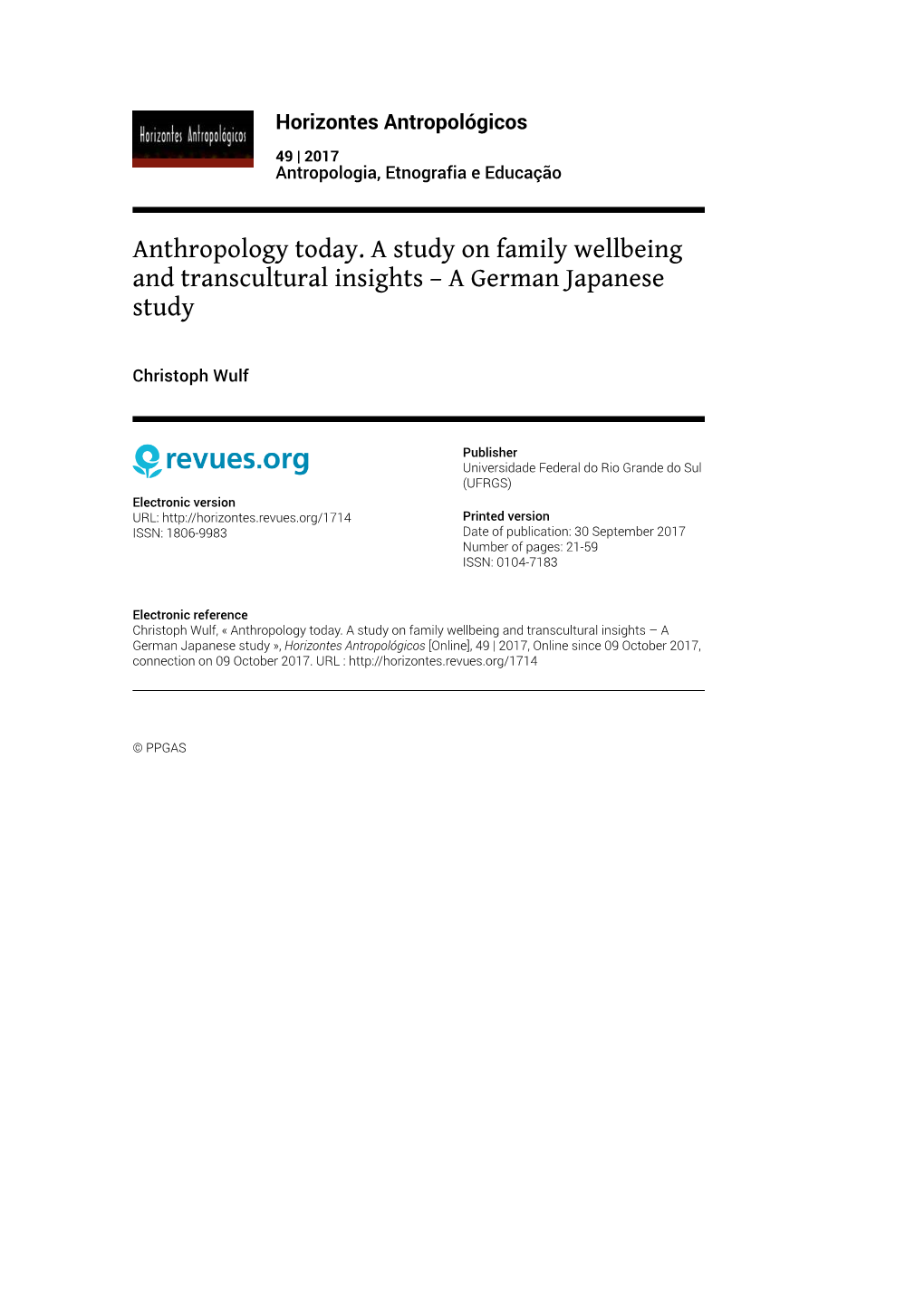 Anthropology Today. a Study on Family Wellbeing and Transcultural Insights – a German Japanese Study