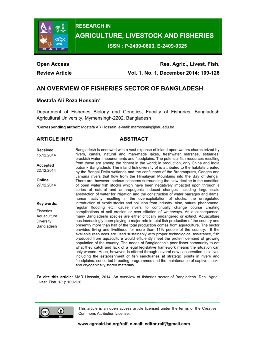 Agriculture, Livestock and Fisheries Issn : P-2409-0603, E-2409-9325