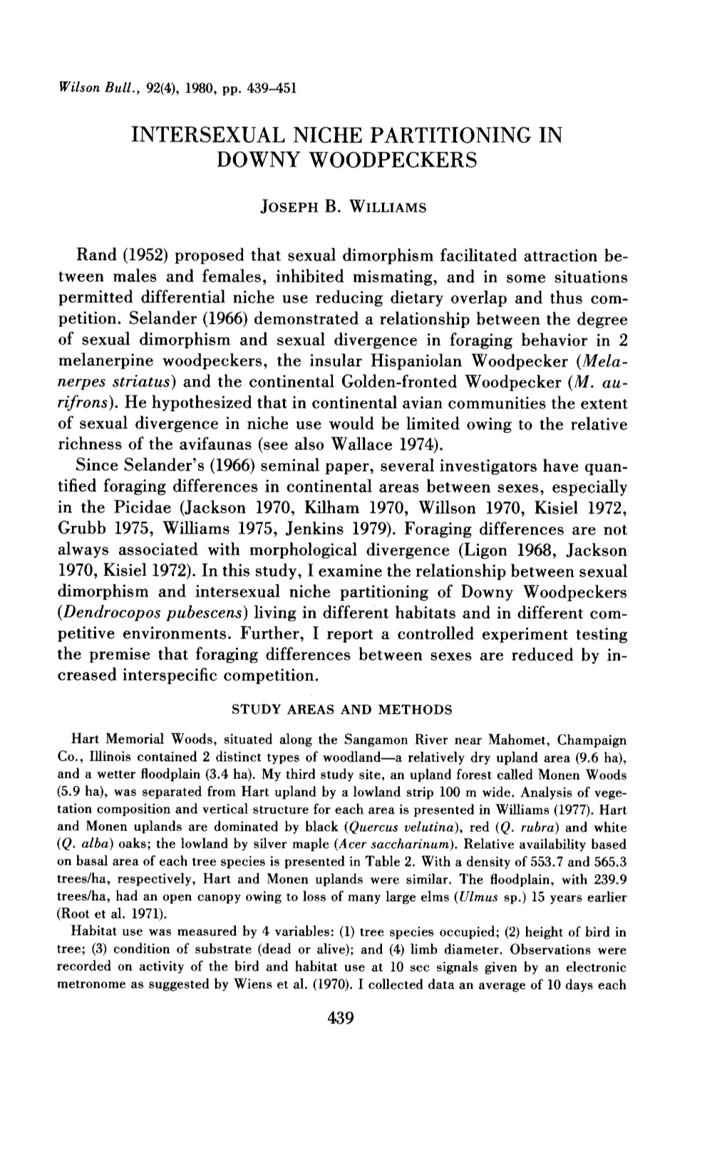 Intersexual Niche Partitioning in Downy Woodpeckers