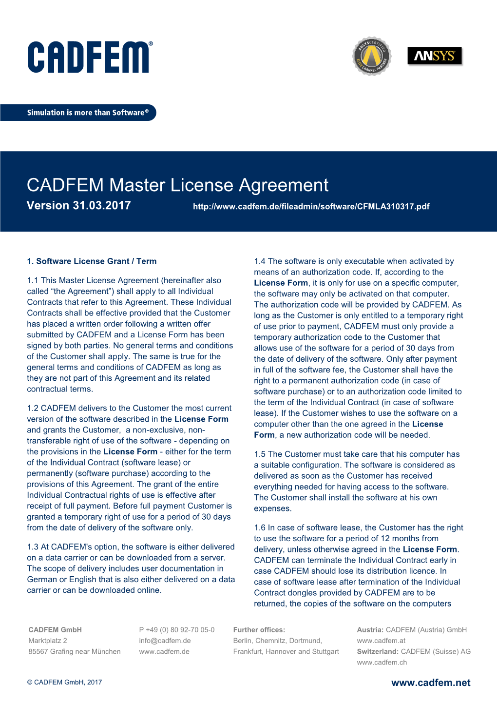 CADFEM Master License Agreement Version 31.03.2017