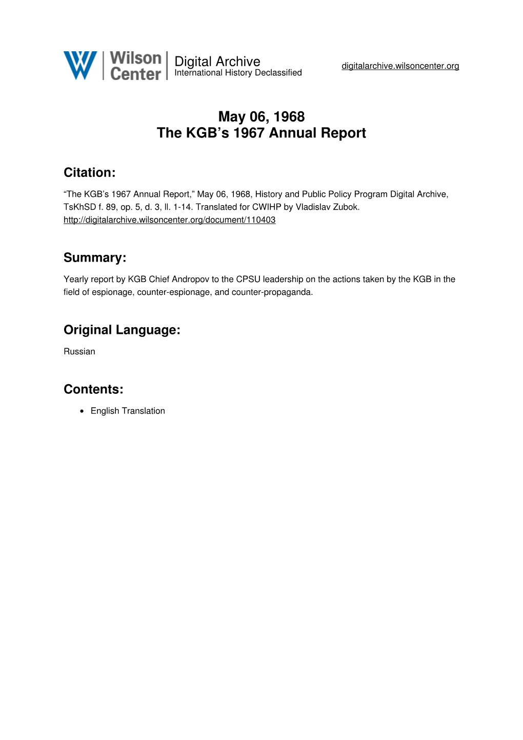 May 06, 1968 the KGB's 1967 Annual Report