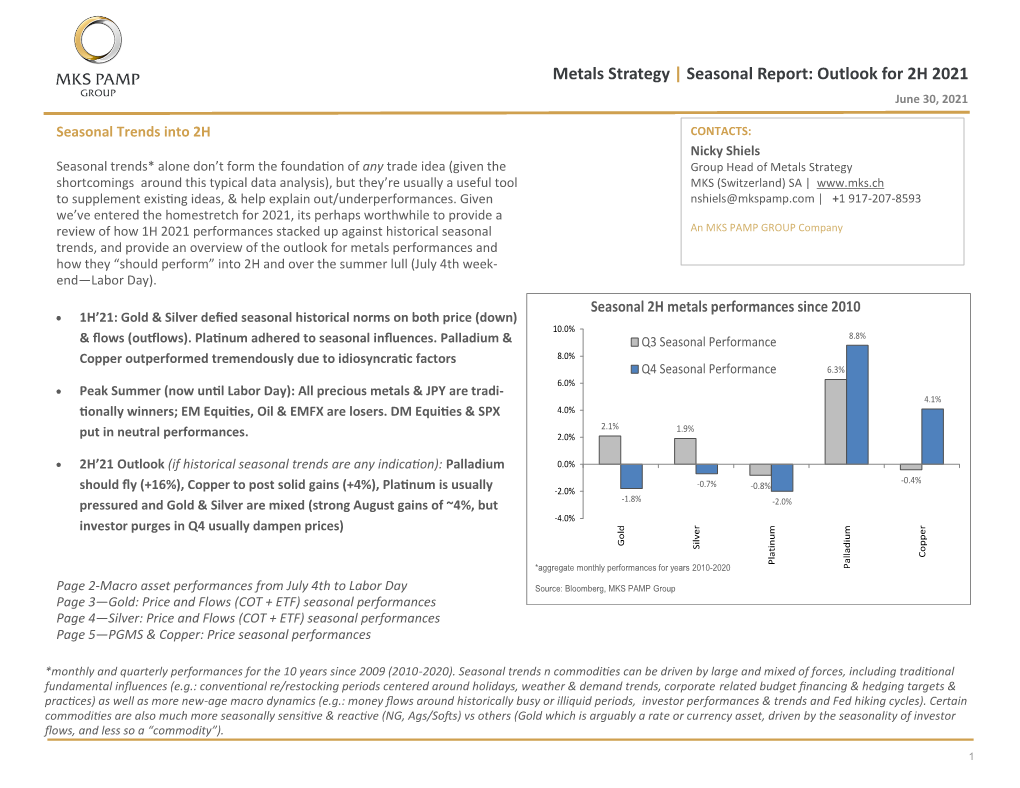 Metals Strategy | Seasonal Report: Outlook for 2H 2021 June 30, 2021