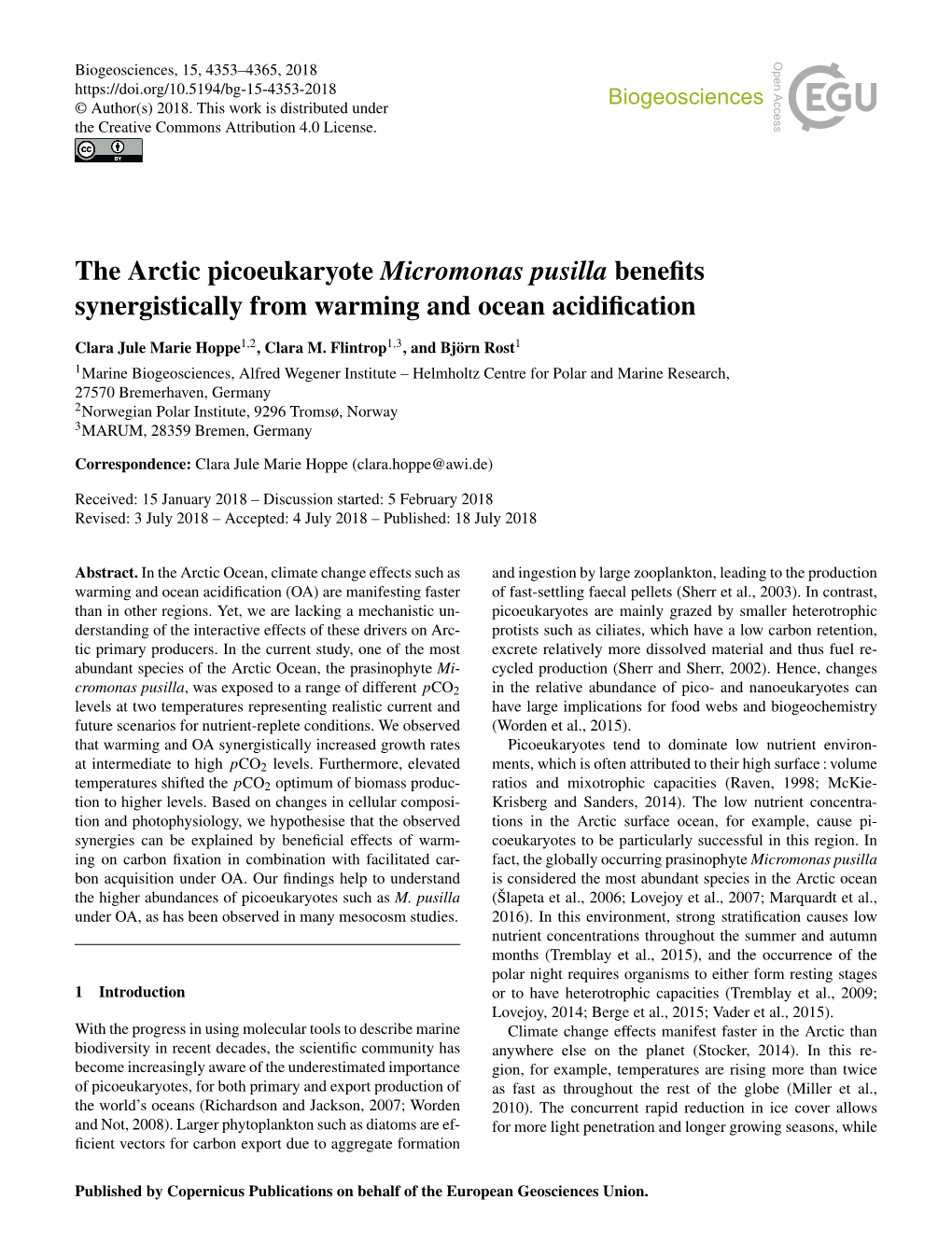 The Arctic Picoeukaryote Micromonas Pusilla Benefits Synergistically from Warming and Ocean Acidification