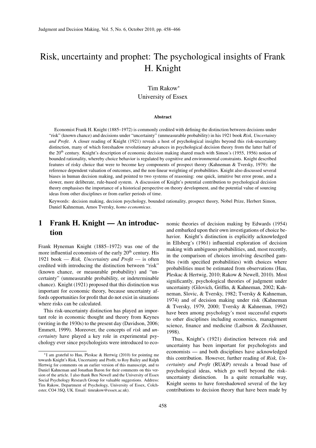 The Psychological Insights of Frank H. Knight