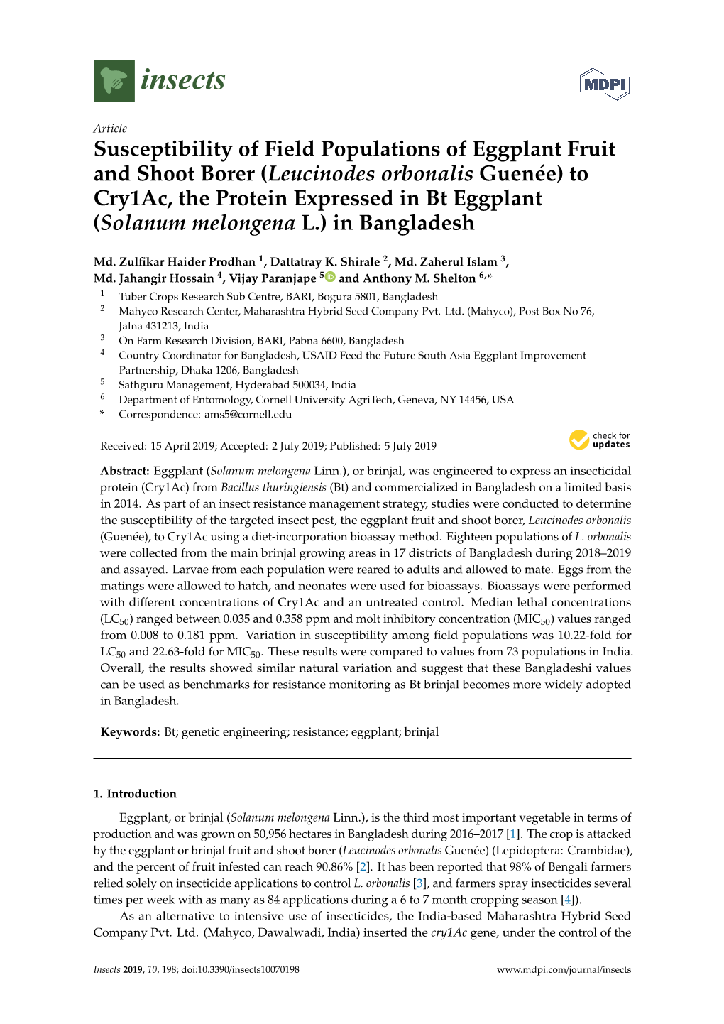 Susceptibility of Field Populations of Eggplant Fruit and Shoot Borer