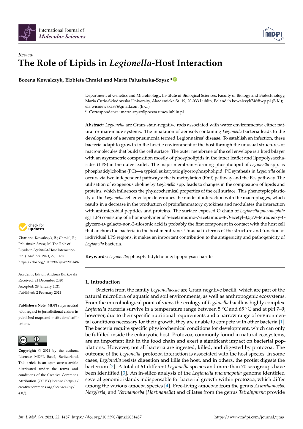 The Role of Lipids in Legionella-Host Interaction