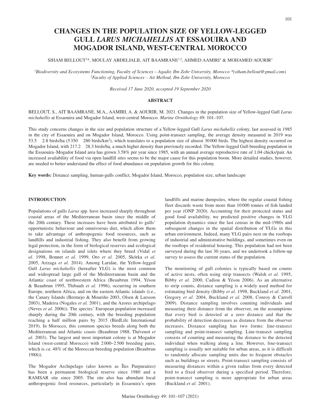 Changes in the Population Size of Yellow-Legged Gull Larus Michahellis at Essaouira and Mogador Island, West-Central Morocco