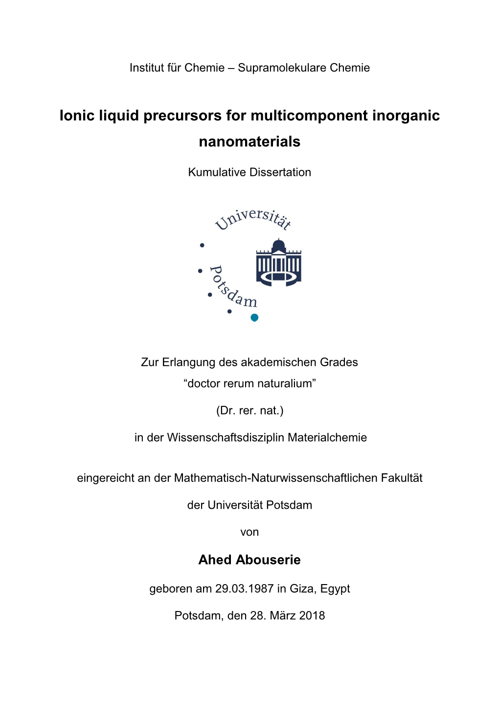 Ionic Liquid Precursors for Multicomponent Inorganic Nanomaterials