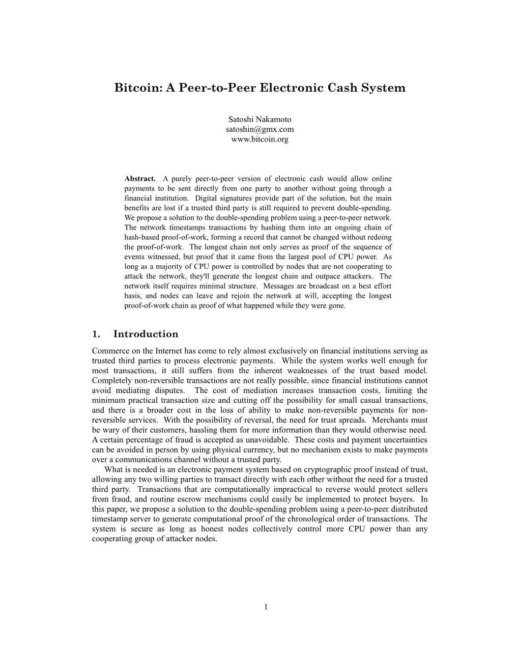 Bitcoin: a Peer-To-Peer Electronic Cash System