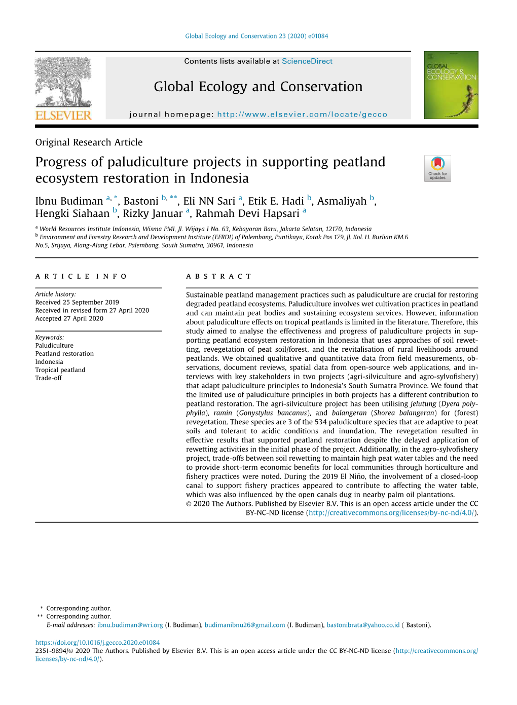 Progress of Paludiculture Projects in Supporting Peatland Ecosystem Restoration in Indonesia