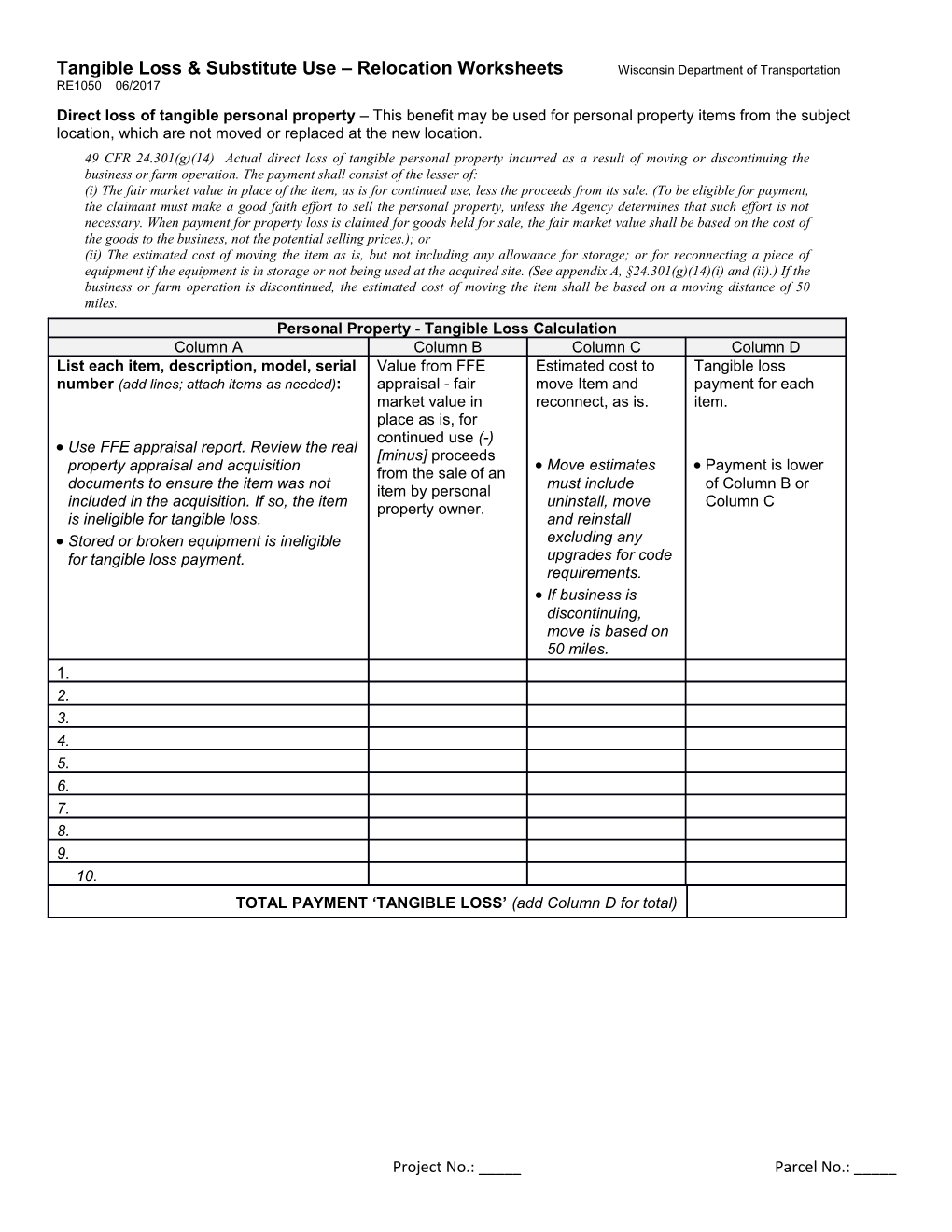 RE1050 -Tangible Loss & Substitute Use Relocation Worksheet