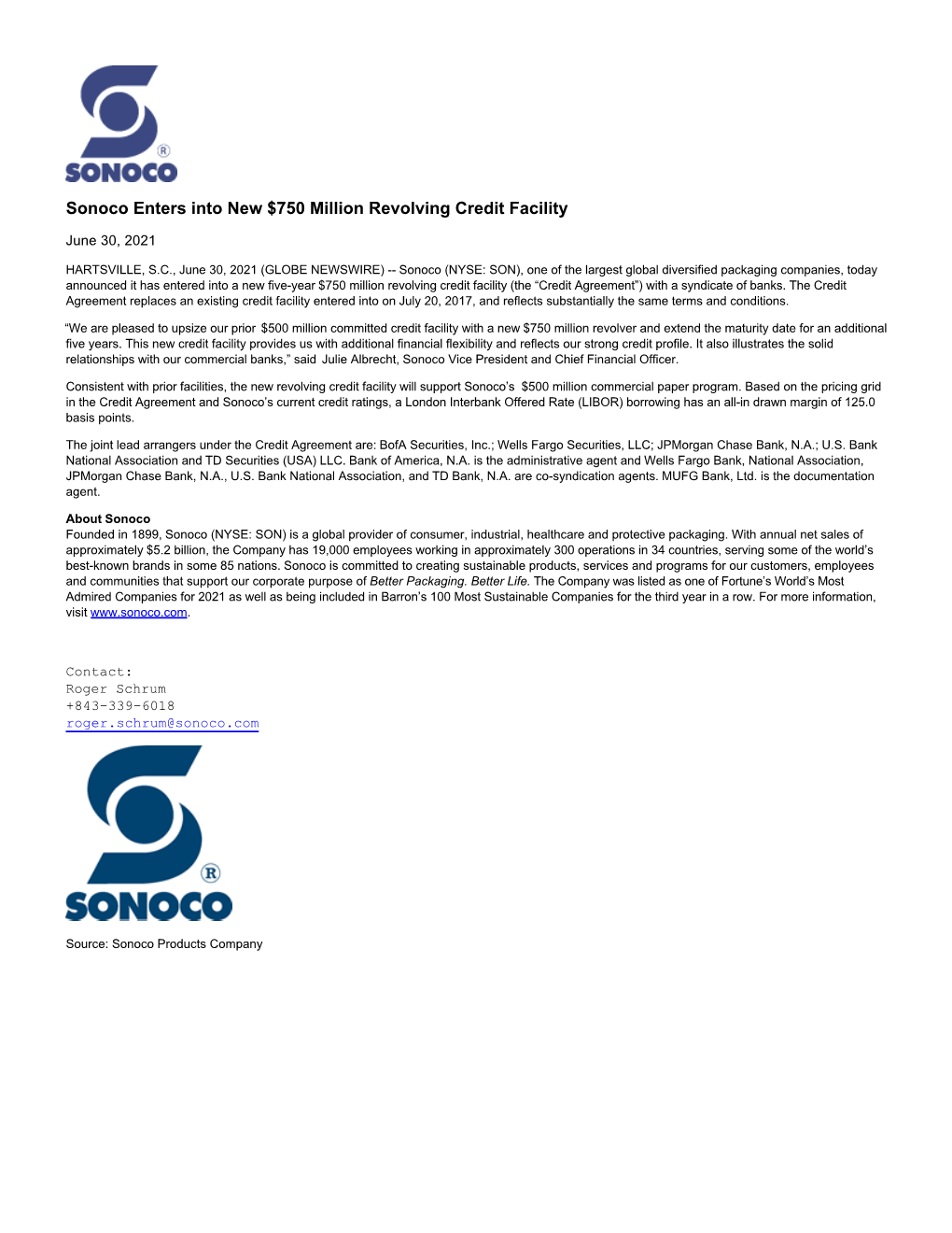 Sonoco Enters Into New $750 Million Revolving Credit Facility