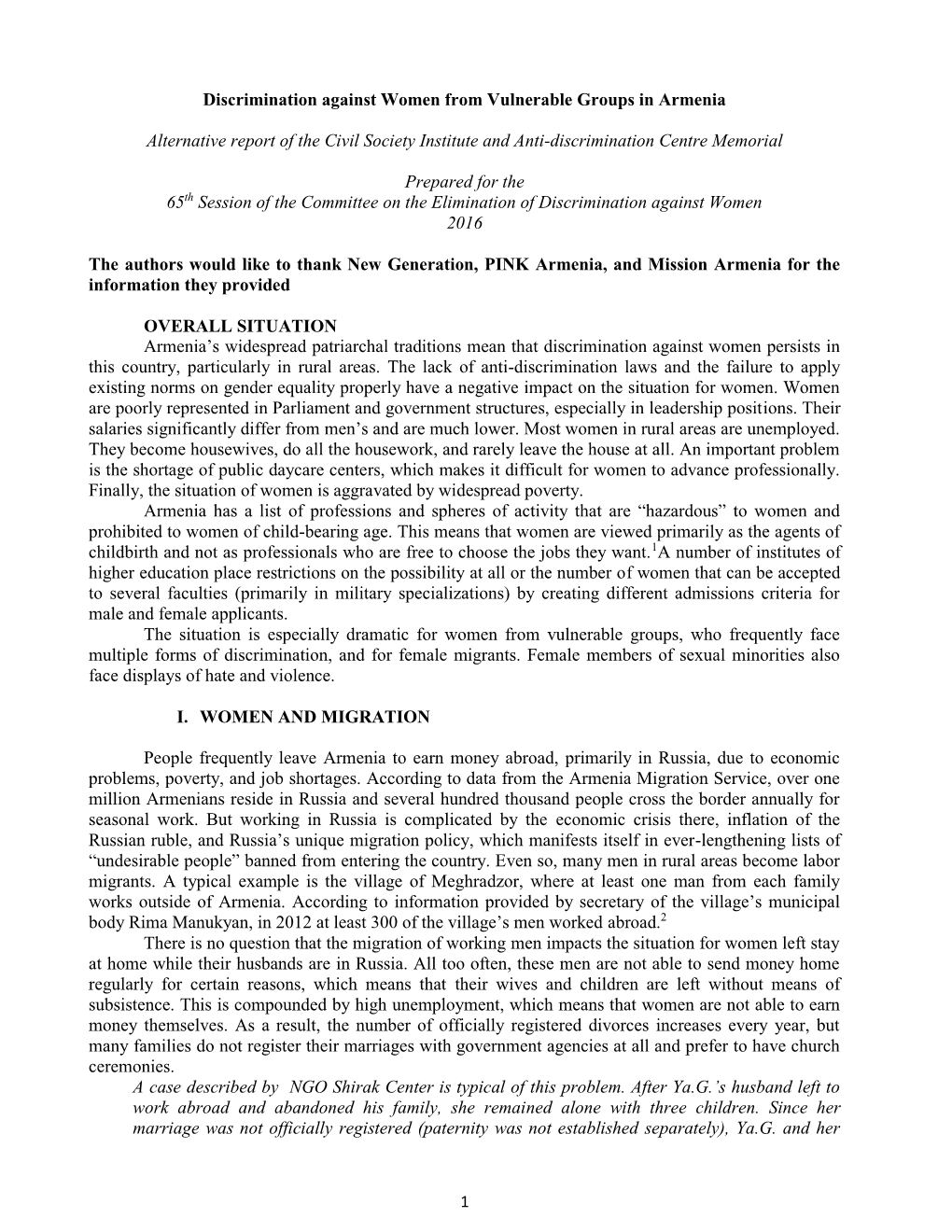 Discrimination Against Women from Vulnerable Groups in Armenia Alternative Report of the Civil Society Institute and Anti-Discri