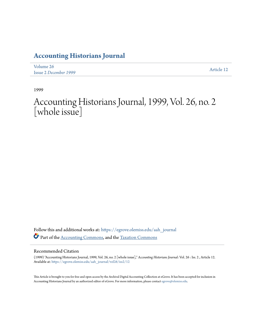 Accounting Historians Journal, 1999, Vol. 26, No. 2 [Whole Issue]