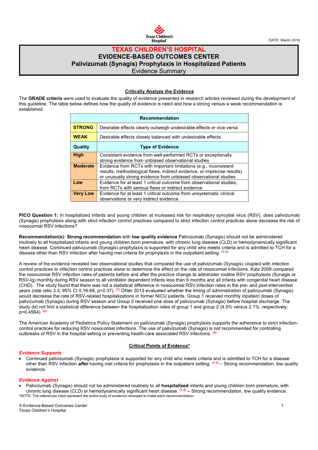 Synagis) Prophylaxis in Hospitalized Patients Evidence Summary