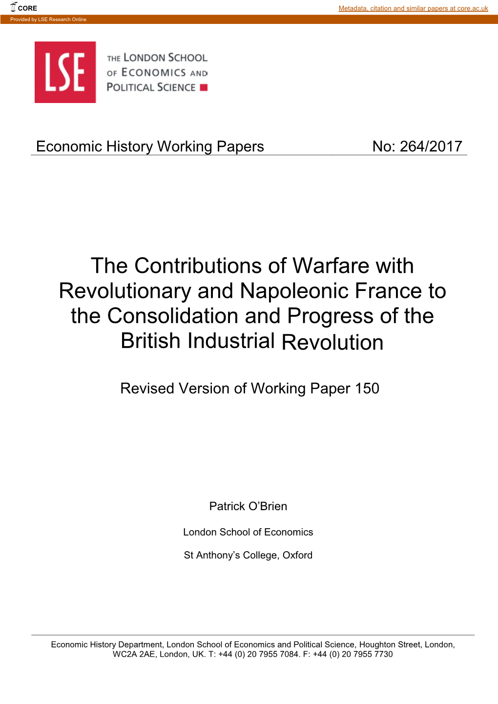 The Contributions of Warfare with Revolutionary and Napoleonic France to the Consolidation and Progress of the British Industrial Revolution