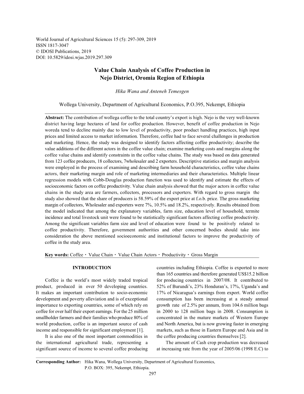 Value Chain Analysis of Coffee Production in Nejo District, Oromia Region of Ethiopia