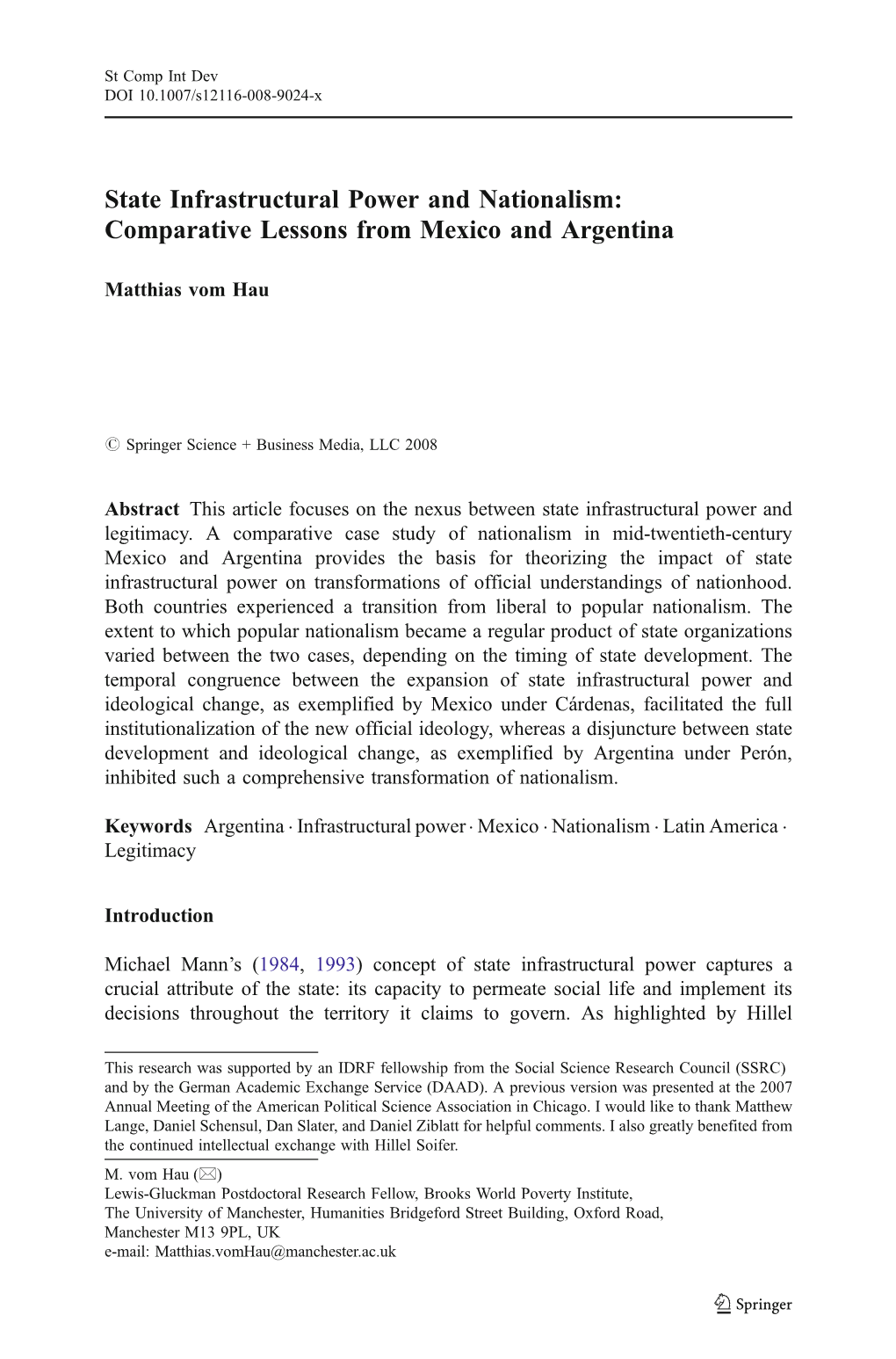 State Infrastructural Power and Nationalism: Comparative Lessons from Mexico and Argentina