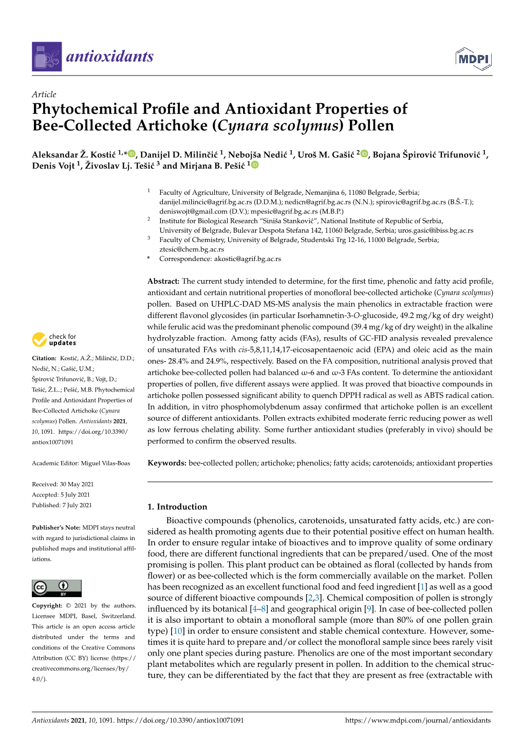 Phytochemical Profile and Antioxidant Properties of Bee-Collected Artichoke