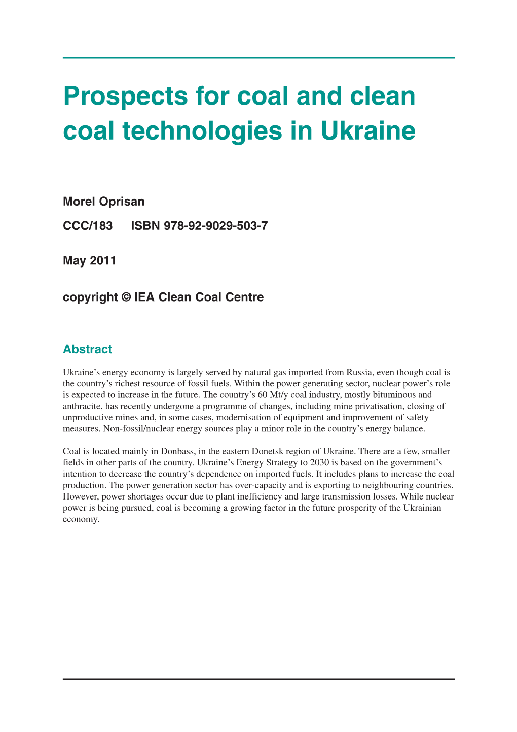 Prospects for Coal and Clean Coal Technologies in Ukraine