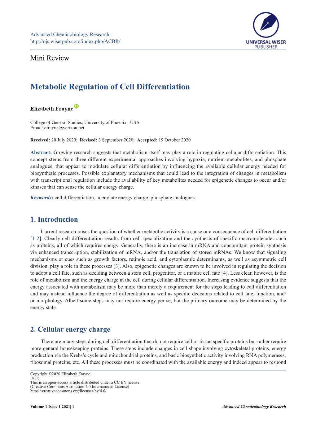 Metabolic Regulation of Cell Differentiation