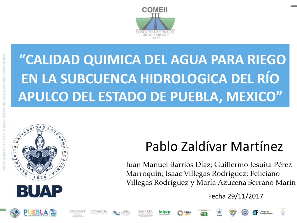 Calidad Quimica Del Agua Para Riego En La Subcuenca Hidrologica Del Río Apulco Del Estado De Puebla, Mexico”