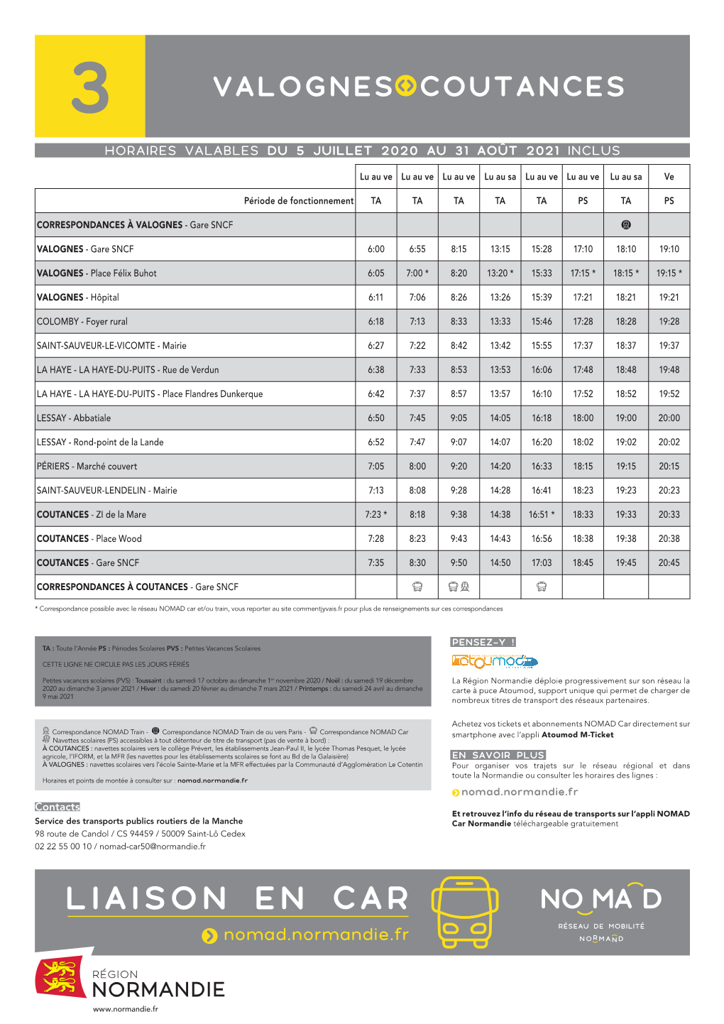 3 Valognes Coutances Horaires Valables Du 5 Juillet 2020 Au 31 Août 2021 Inclus