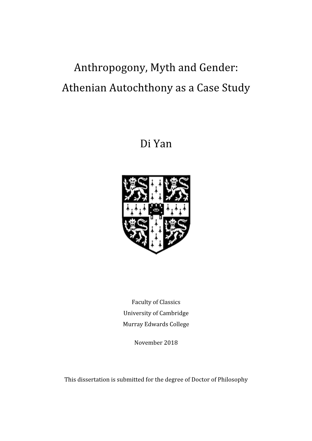 Anthropogony, Myth and Gender: Athenian Autochthony As a Case Study