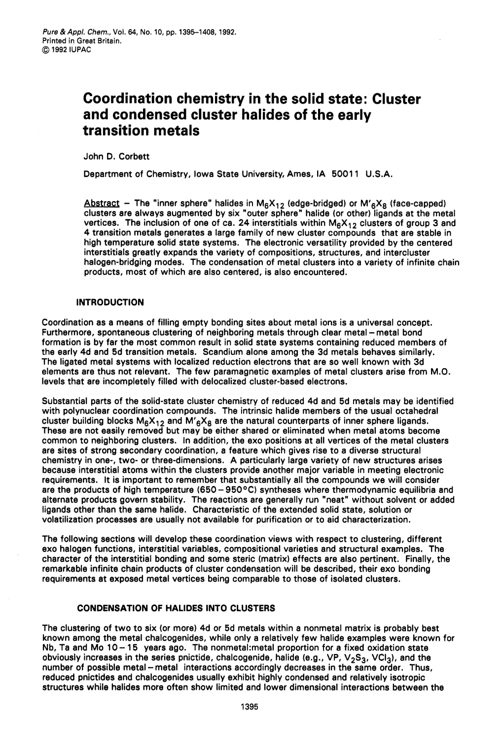 Coordination Chemistry in the Solid State: Cluster and Condensed Cluster-Halidesof the Early Transition Metals