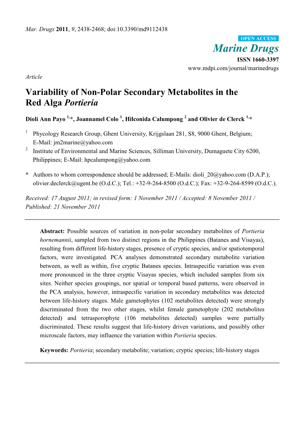 Variability of Non-Polar Secondary Metabolites in the Red Alga Portieria