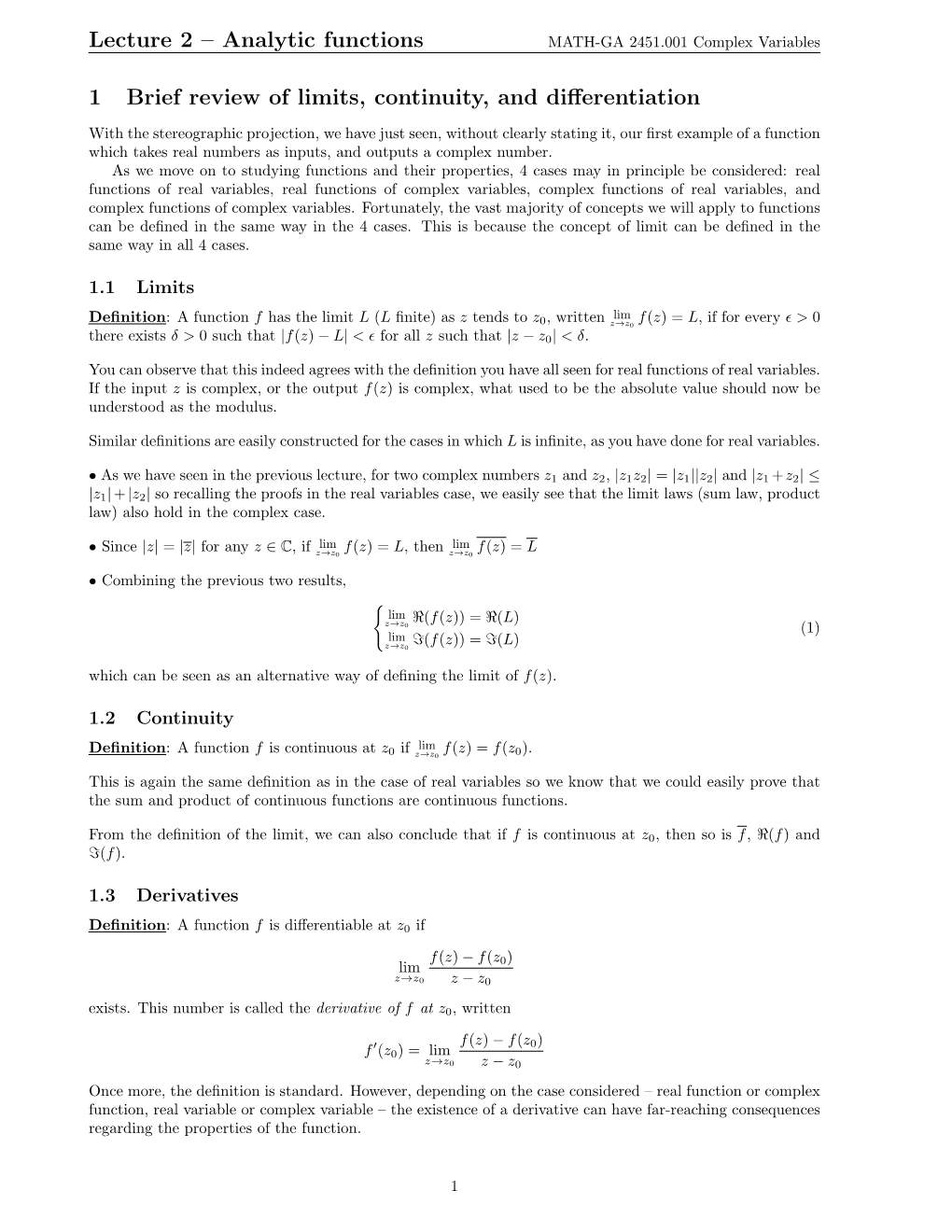 Lecture 2 – Analytic Functions 1 Brief Review of Limits, Continuity, And