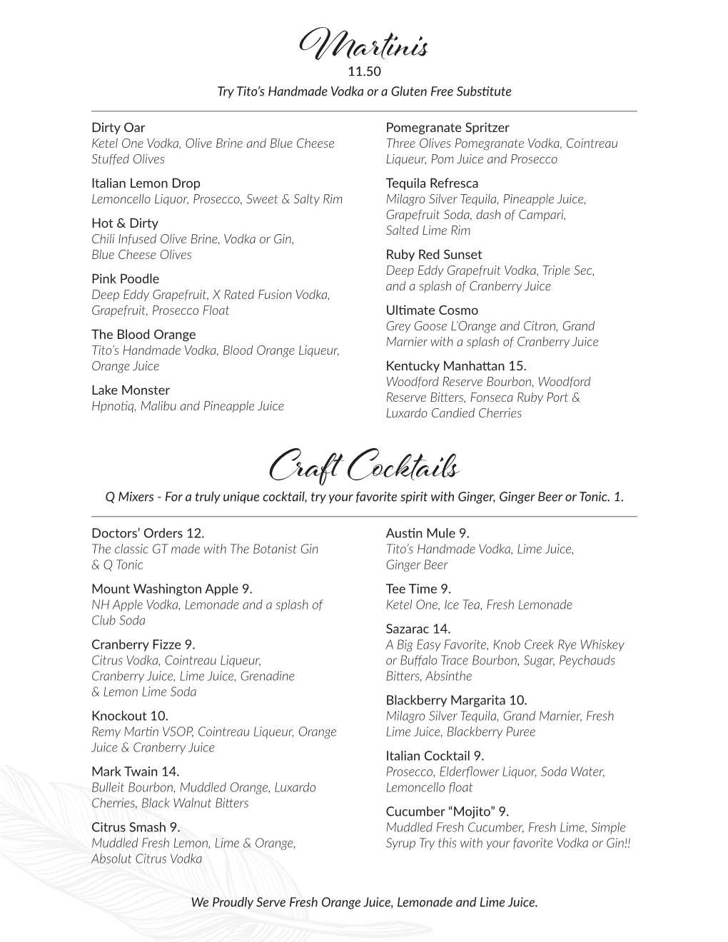 Cocktail Menu Suna Restaurant Sunapee NH