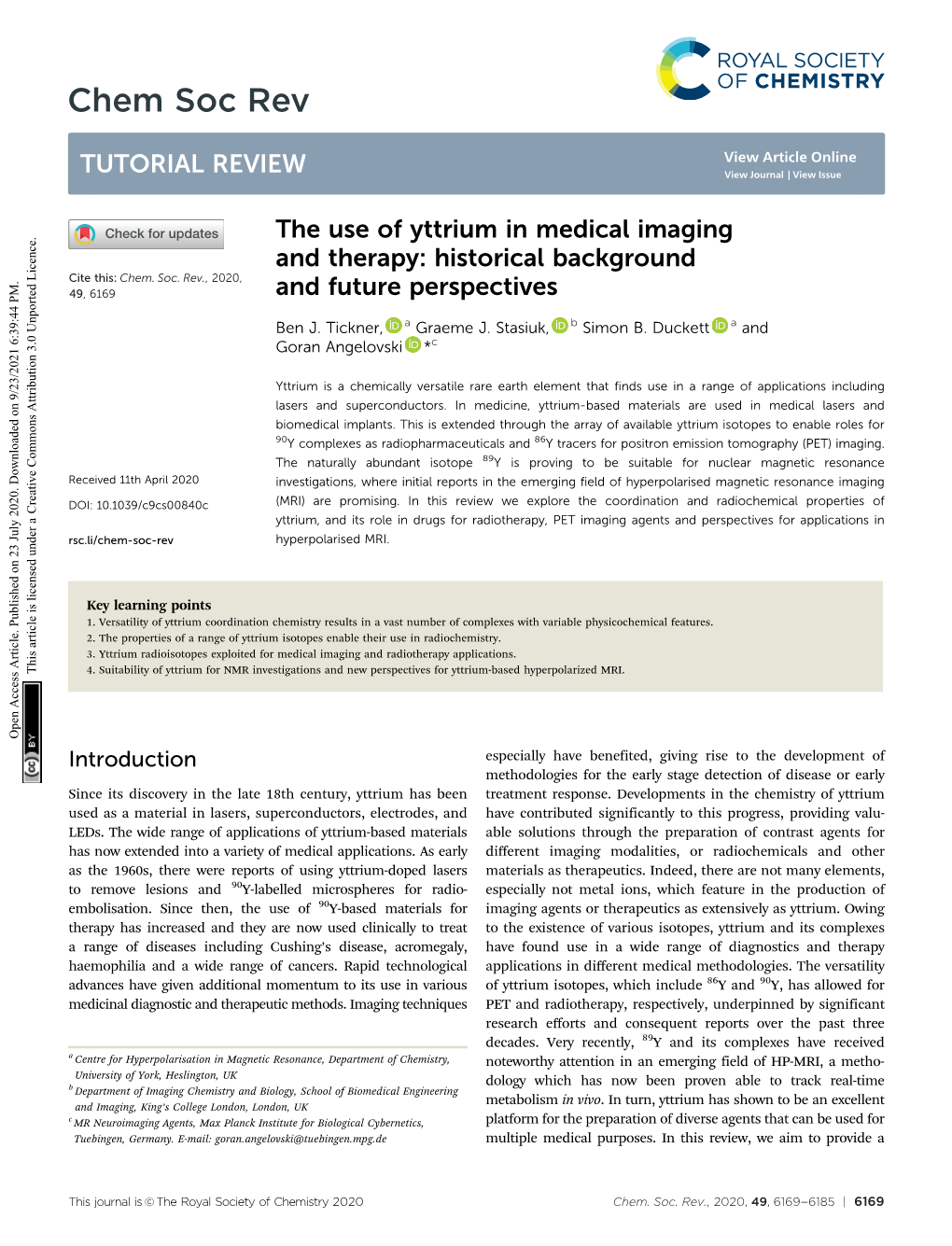 The Use of Yttrium in Medical Imaging and Therapy: Historical Background Cite This: Chem