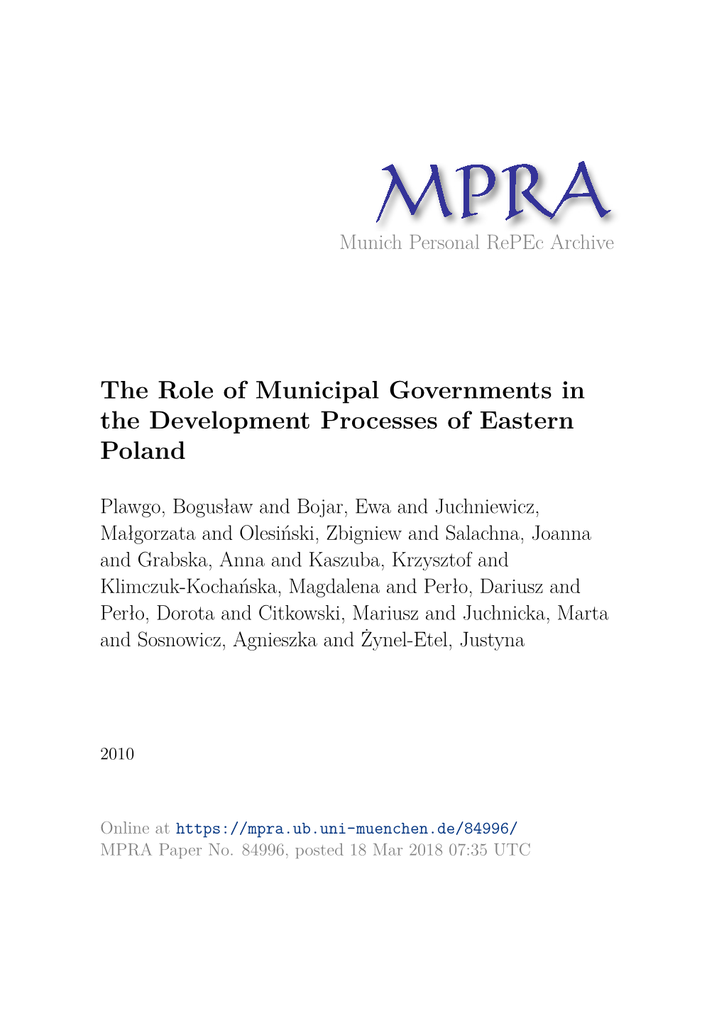 The Role of Municipal Governments in the Development Processes of Eastern Poland