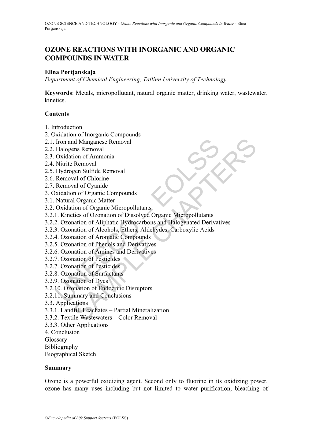 Ozone Reactions with Inorganic and Organic Compounds in Water - Elina Portjanskaja