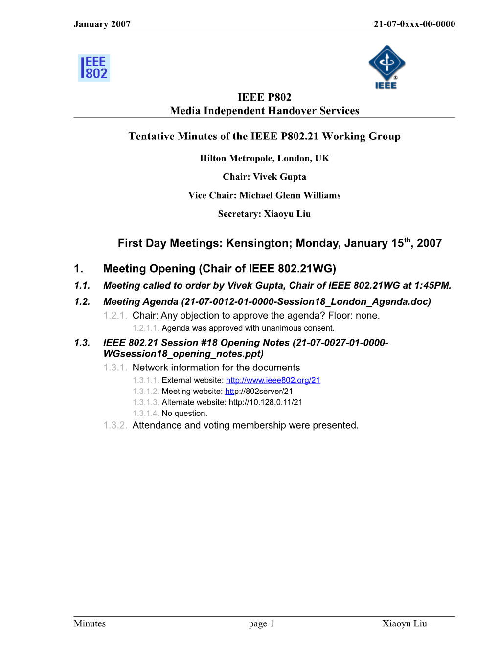 Tentative Minutes of the IEEE P802.21 Working Group