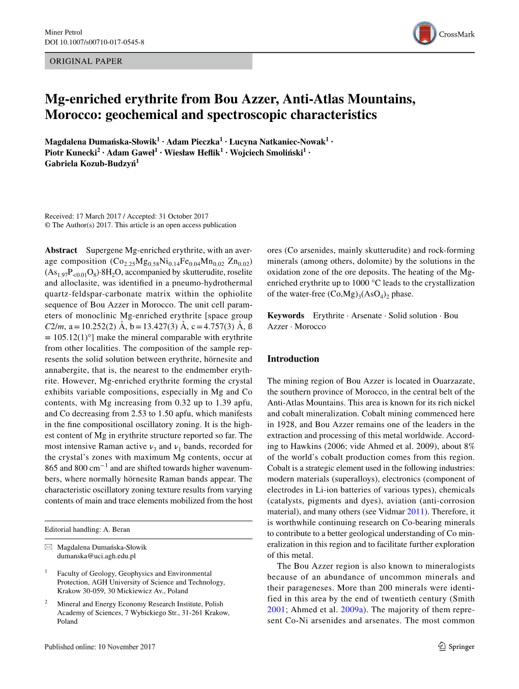 Mg-Enriched Erythrite from Bou Azzer, Anti-Atlas Mountains, Morocco: Geochemical and Spectroscopic Characteristics