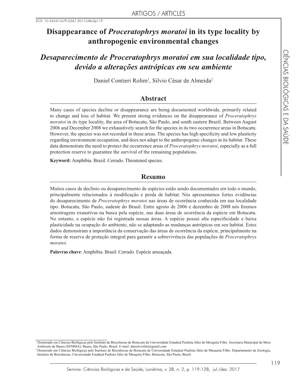 Disappearance of Proceratophrys Moratoi in Its Type Locality By