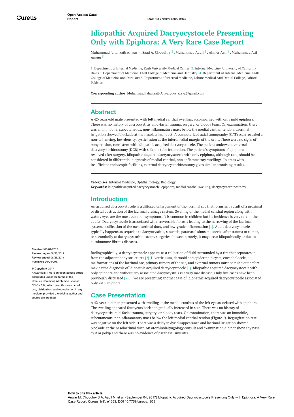 Idiopathic Acquired Dacryocystocele Presenting Only with Epiphora: a Very Rare Case Report